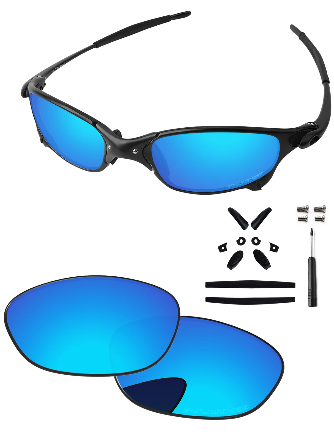 PapaViva Ersatzlinsen & Gummi-Kits für for Oakley Juliet Ice Blue - Polarized, Ice Blue - Polarized