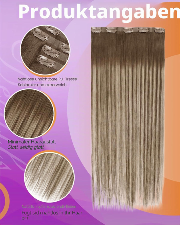 LaaVoo Invisible Clip in Extensions Braun Balayage 55cm Lang Echthaar Clips Extensions Ombre Hellblo