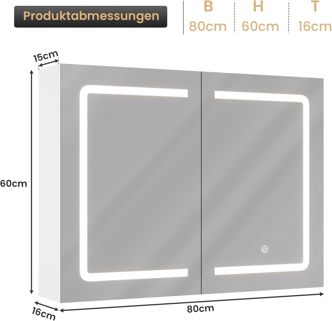 DICTAC Badezimmer spiegelschrank mit Beleuchtung 80x60x16cm Spiegelschrank Bad mit LED und Steckdose