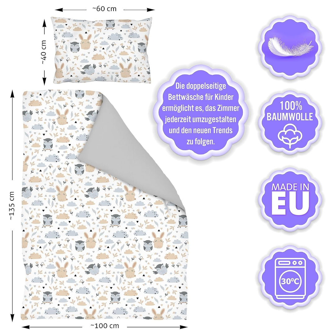 Amilian Kinder Bettbezug aus Baumwolle 100x135 - Weiche Bettwäsche für Kinderbett - Pflegeleichte Ki