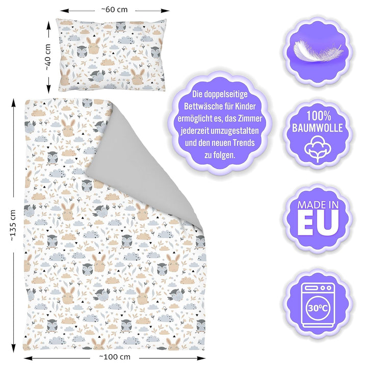 Amilian Kinder Bettbezug aus Baumwolle 100x135 - Weiche Bettwäsche für Kinderbett - Pflegeleichte Ki