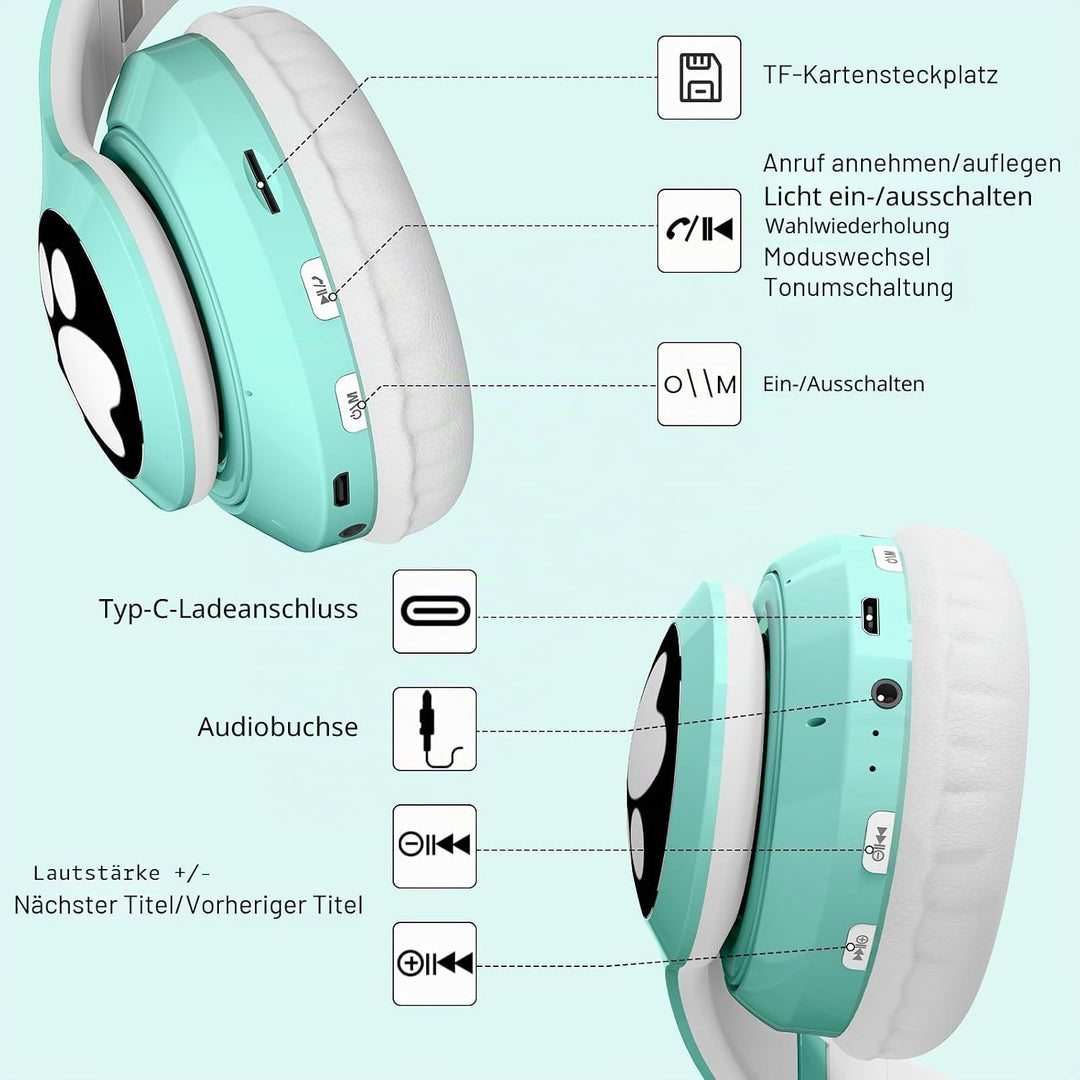OHAANYY Katzenohr Kopfhörer Kindergeburtstag Geschenke Kind LED Katzenohren Einhorn Bluetooth Kabell