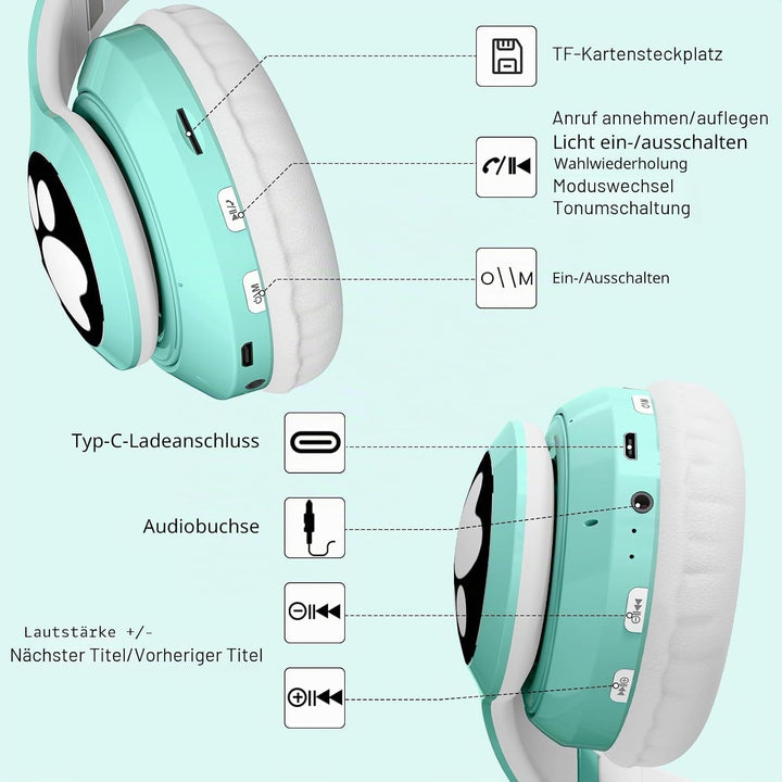 OHAANYY Katzenohr Kopfhörer Kindergeburtstag Geschenke Kind LED Katzenohren Einhorn Bluetooth Kabell