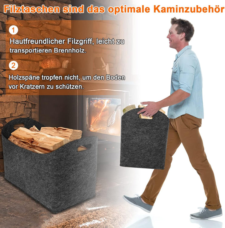 UISEBRT 2 Stück Kaminholztasche aus Filz Holzkorb XL Kaminholzkorb Holztasche mit verstärkten Griffe