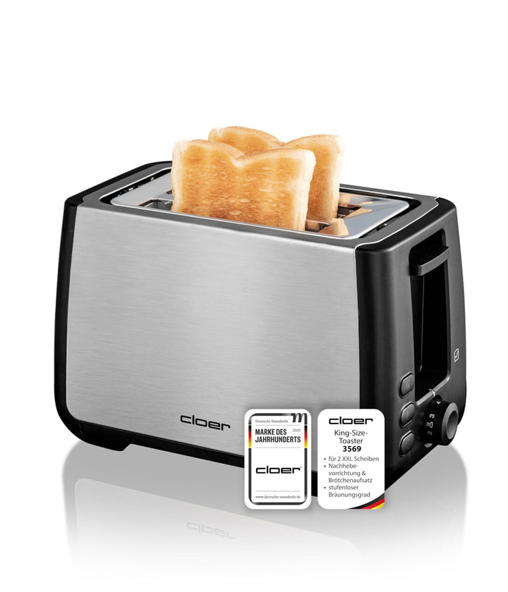 Cloer 3569 King-Size-Toaster für 2 XXL Scheiben, Check-Funktion, Edelstahlgehäuse, 1000 Watt, schwar