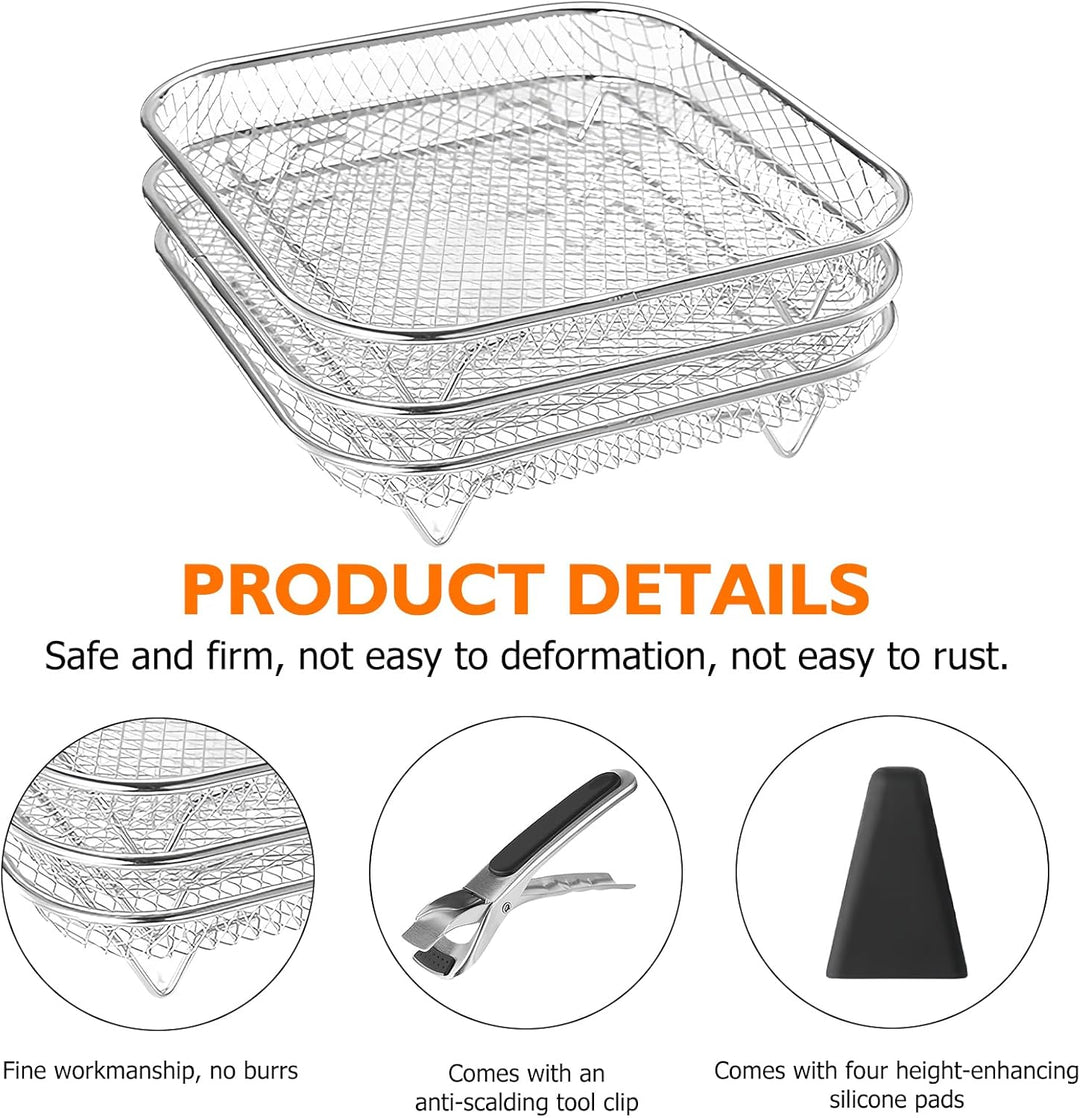 3 Stück Körbe Gitter für Heissluftfritteuse: 304 Edelstahl Air Fryer Racks mit 8 Silikonfüssen, Fryt