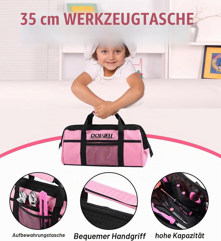 DOWELL 14 Stück Werkzeuge Set Pink, Werkzeugsatz mit Aufbewahrungstasche für Heimdekoration, DIY Geb