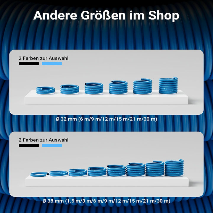 Teichtip ® 30m - 32mm - Schwimmbadschlauch mit 165g/m - Made in Europe D32, 30 m Blau