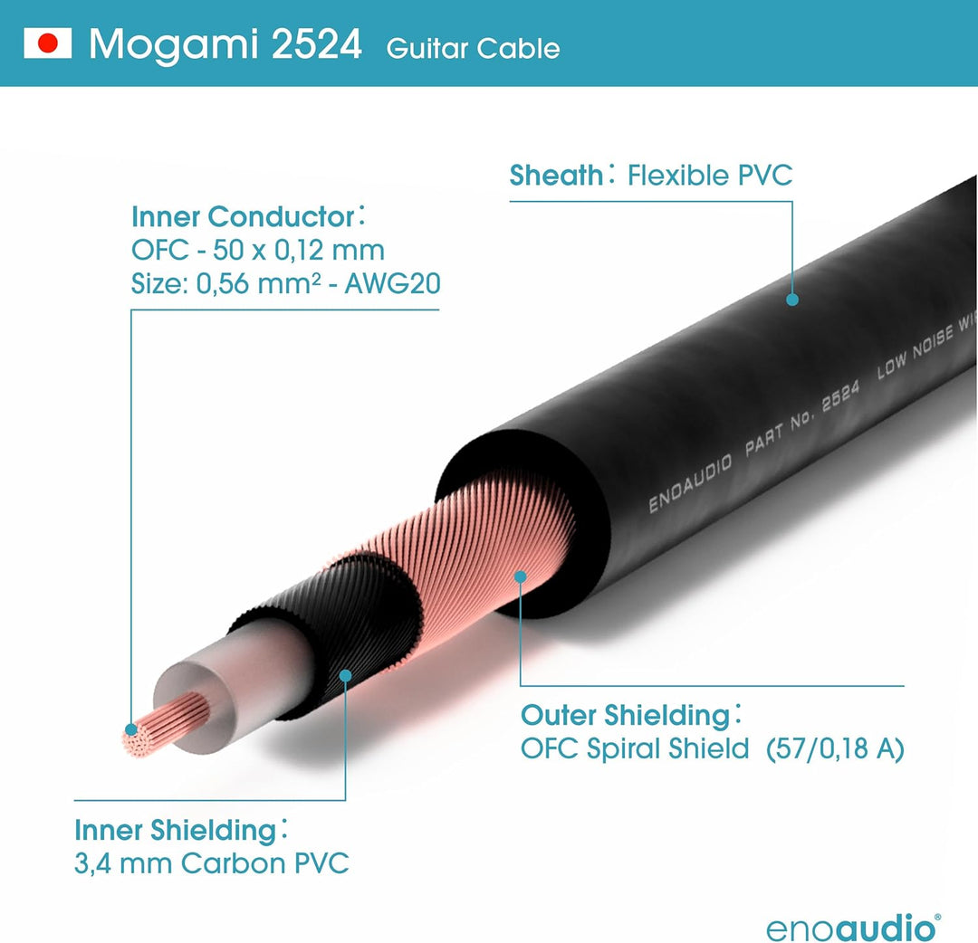 enoaudio Mogami 2524 Instrument Kabel | Neutrik Gold Silent Switch 6,3mm TS winkelklinke - 6,3mm TS