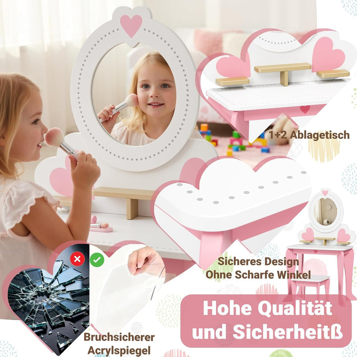 Clevich Schminktisch Kinder Set, 2 in 1 Kinderschminktisch mit Spiegel, Aufbewahrungsregale, Schreib