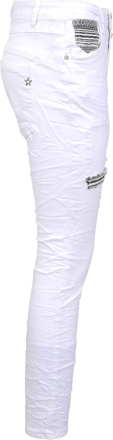 Jewelly Damen Stretch Boyfriend Jeans - Patches Aufnäher - Five-Pocket im Crash-Look 34 Weiss, 34 We