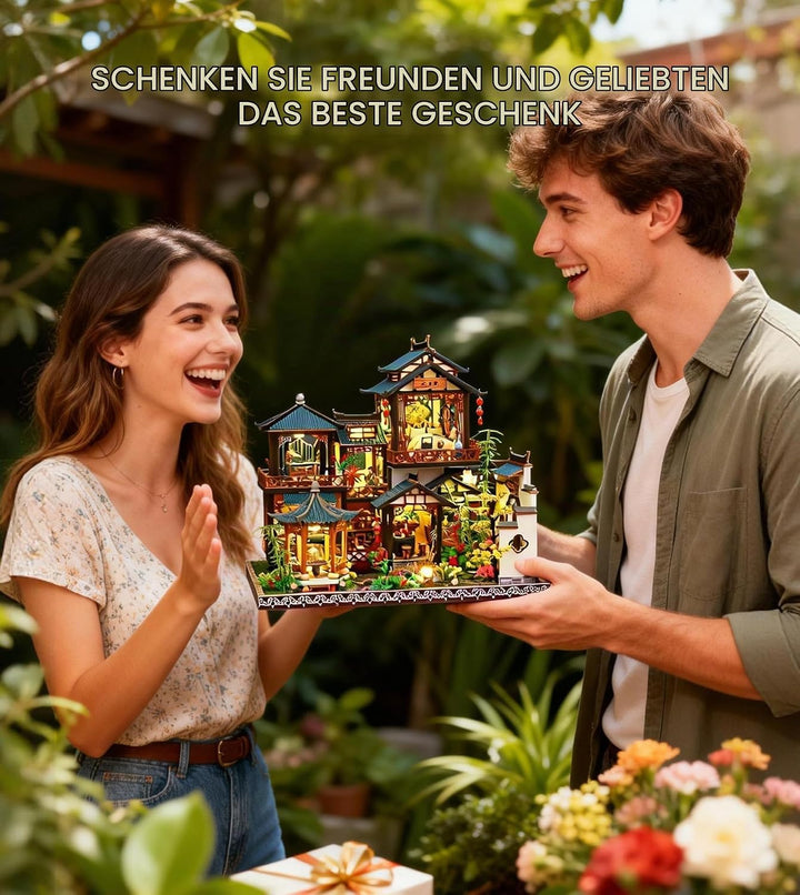 Spilay DIY Miniature House, Chinesisches Gartenhaus Miniatur Puppenhaus mit Musikbox &amp; Staubschutzha