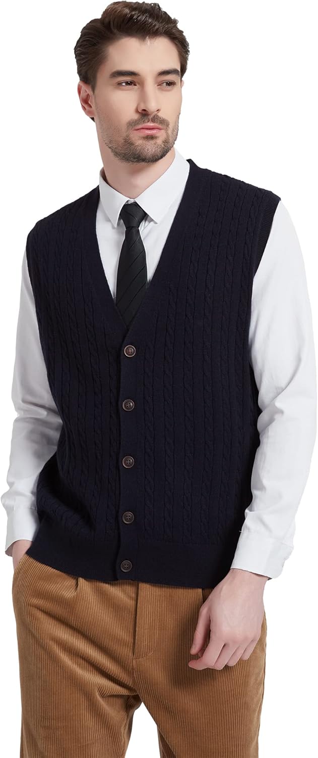 Kallspin Herren Strickweste Ärmellos Cardigan Wollmischung mit Zopfmuster und Knöpfen S Schwarz, S S