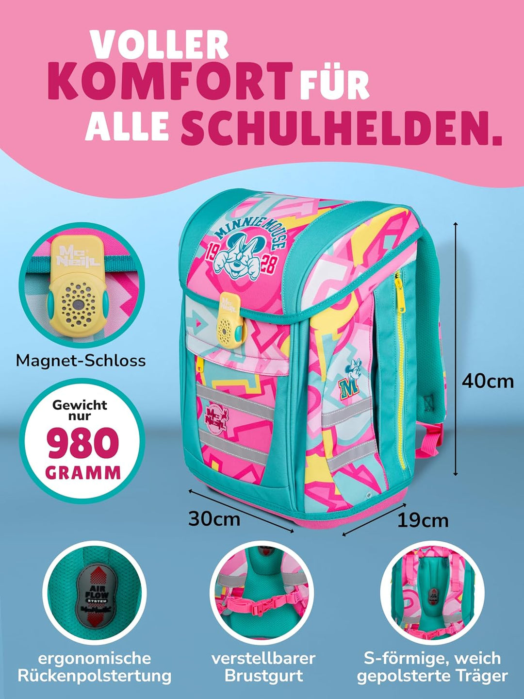Familando - McNeill Teneris Schulranzen Set - 9-teilig mit Sporttasche - Minnie Mouse - Ergonomisch