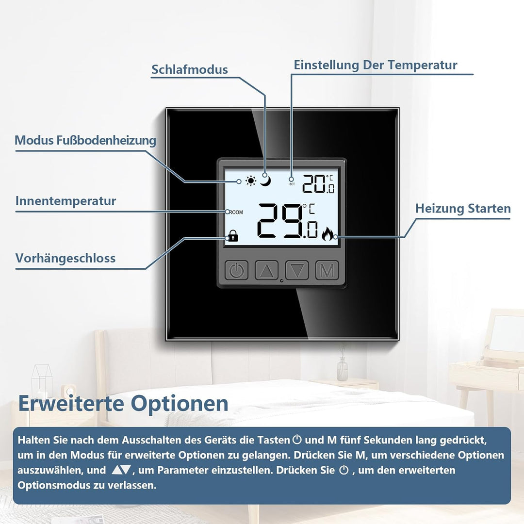 CNBINGO Digitaler Raumthermostat Unterputz mit Fühler, Thermostat für Wasser Fussbodenheizungen und