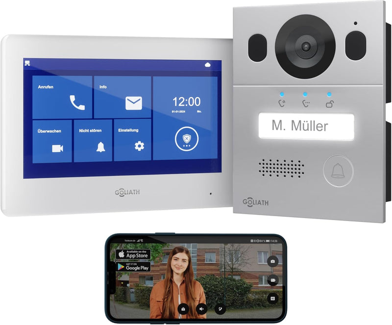 GOLIATH Basic Video Türsprechanlage, 2 Draht Bus, 7 Zoll Monitor, Aufputz Türklingel mit Kamera, Geg