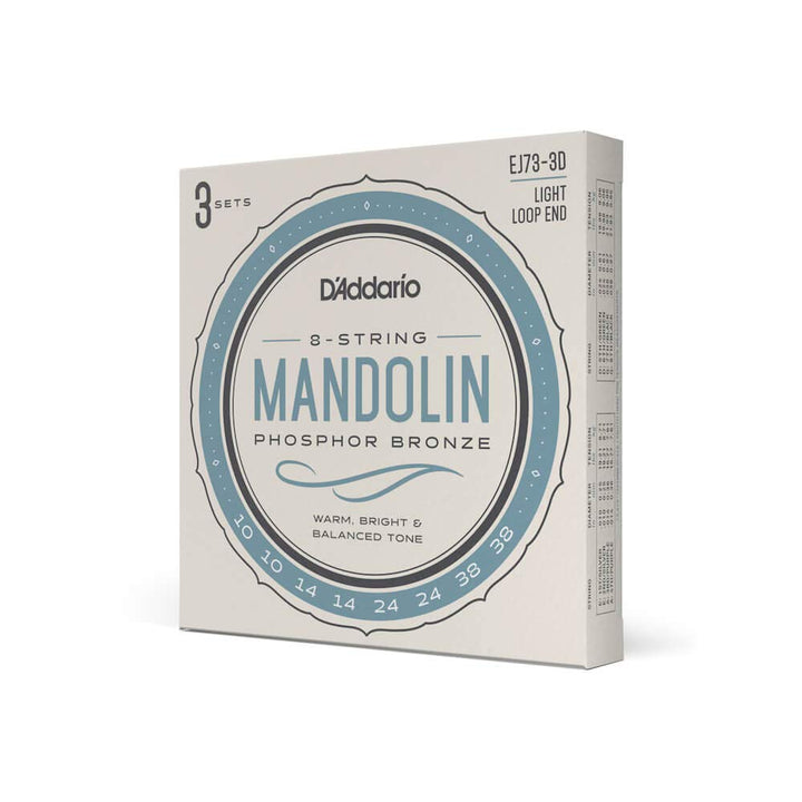 D'Addario EJ73 Saiten für Mandoline, Phosphorbronze, leichte Spannung, 10-38, 3 Sätze Licht, 10-38.