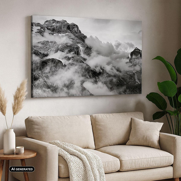 Bilder auf Leinwand 100x70cm Leinwandbild mit Rahmen Berge Nebel Gipfel Gross Wanddeko Bild Schlafzi