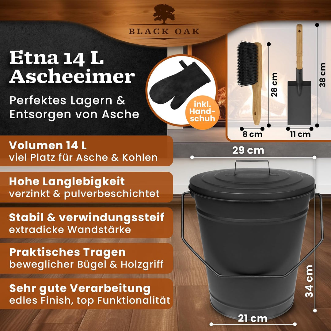 BLACK OAK Ascheeimer ETNA 14L – Set Schaufel Besen & Lederhandschuh schwarz | - gross 14 Liter - Sta