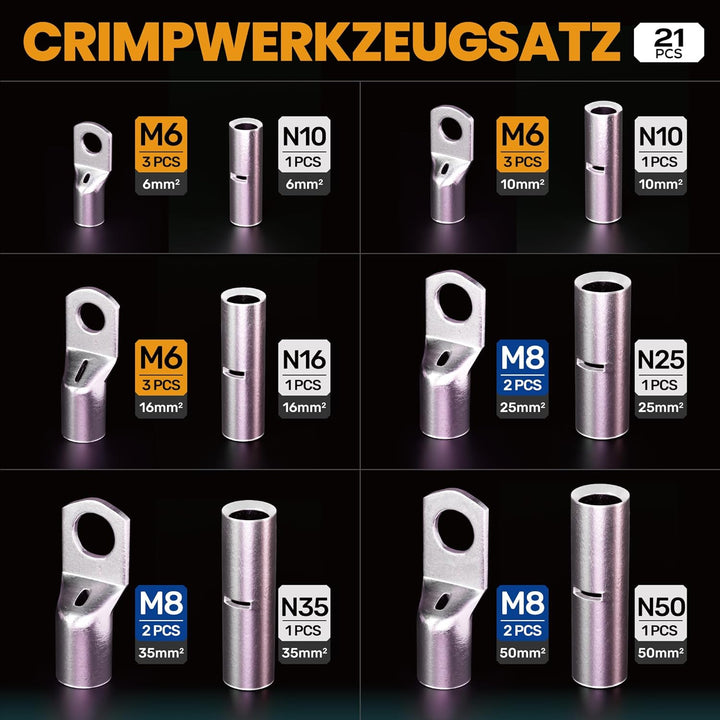 SOMELINE® Crimpzange Kabelschuhe Set, Rohrkabelschuh Zange 6-50mm², Ringkabelschuhe Verzinnte Bolzen