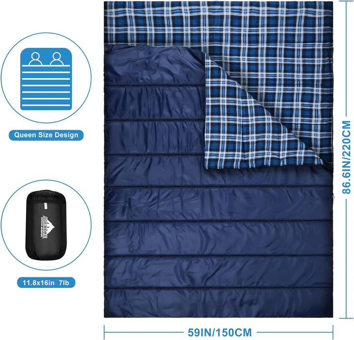 Baumwollflanell-Doppelschlafsack für Camping, Wandern oder Wandern. Queen Size 2 Person wasserdichte