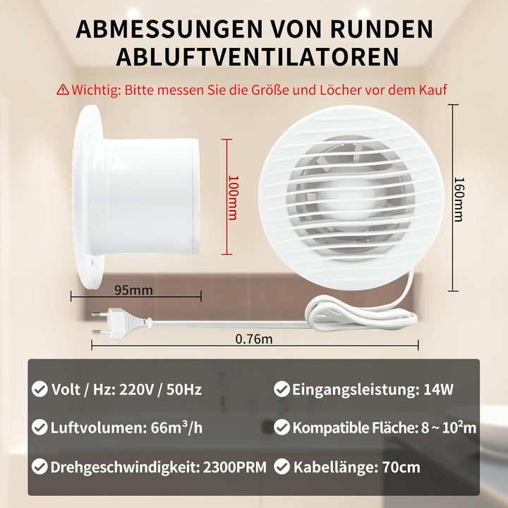 FanGoFast Badlüfter 100mm, Leistungsstarker Abluftventilator mit Rückstauklappe, Wasserdicht 14W Ene