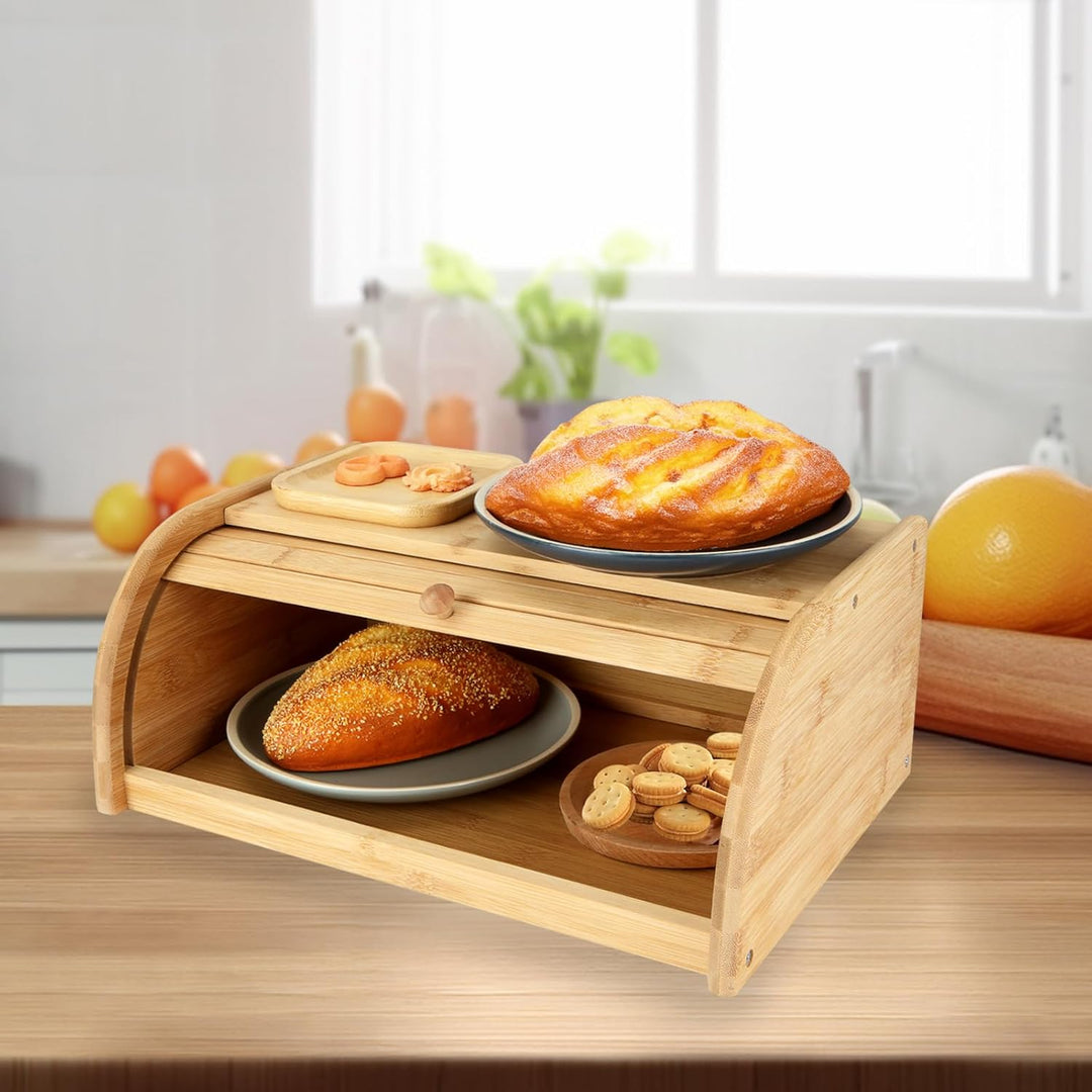 Brotkasten Holz, Brotkästen aus Bambus, 40 x 27 x 16,5 cm, Brotbox aus Holz mit Rolldeckel, Aufbewah