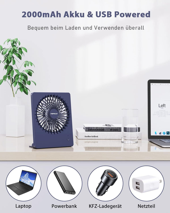TriPole Tischventilator Leise, 2000mAh Ladefähige USB Ventilatoren Ausführen Bis zu 4-16 Std, 3 Gesc