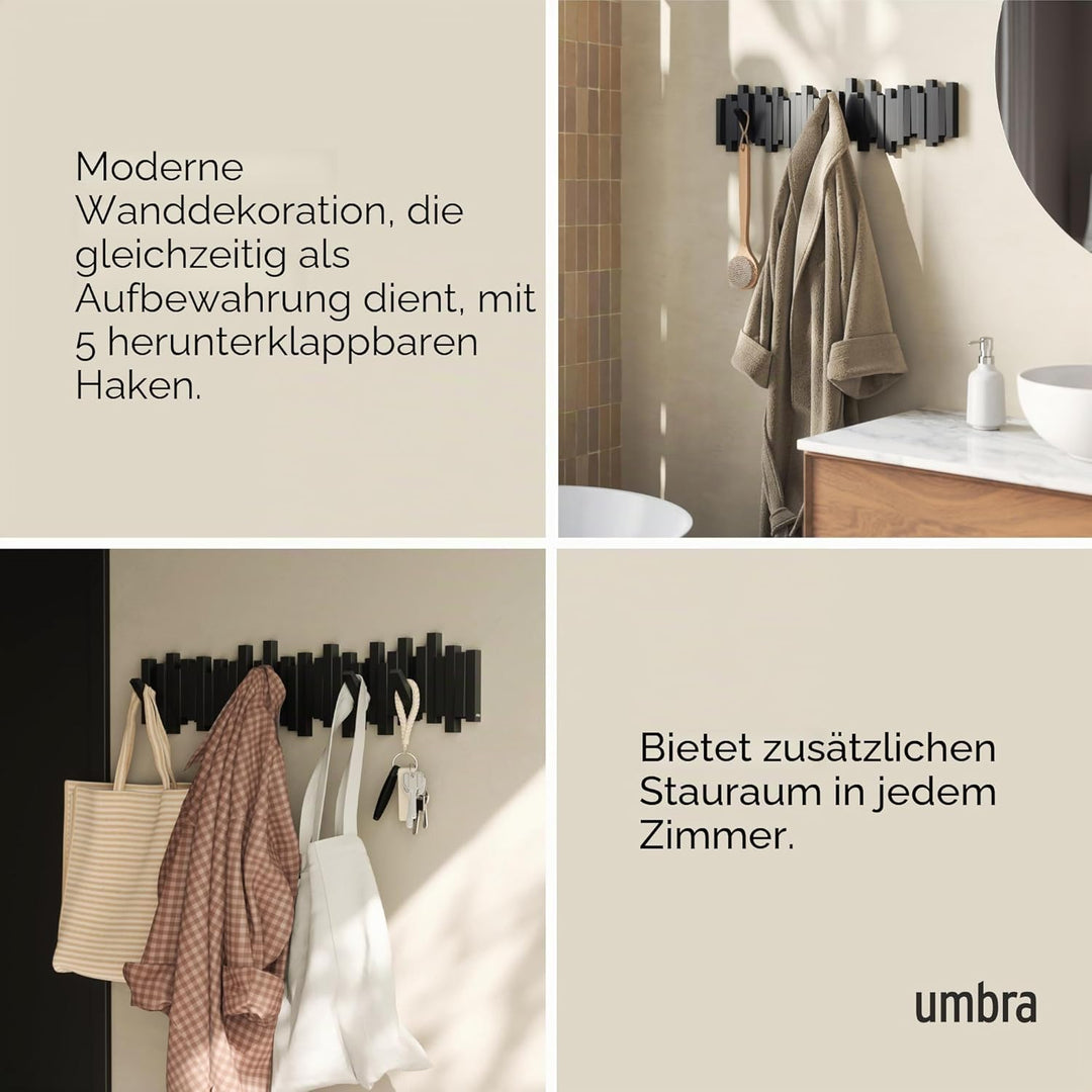 Umbra Stäbchen Garderobenhaken mit 8 Haken – Moderne und platzsparende Garderobenleiste mit acht Bew
