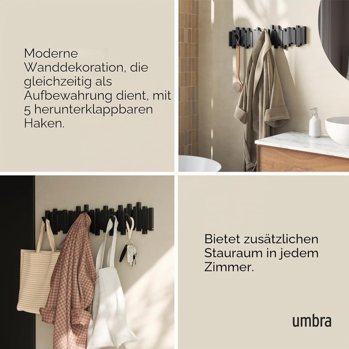 Umbra Stäbchen Garderobenhaken mit 8 Haken – Moderne und platzsparende Garderobenleiste mit acht Bew
