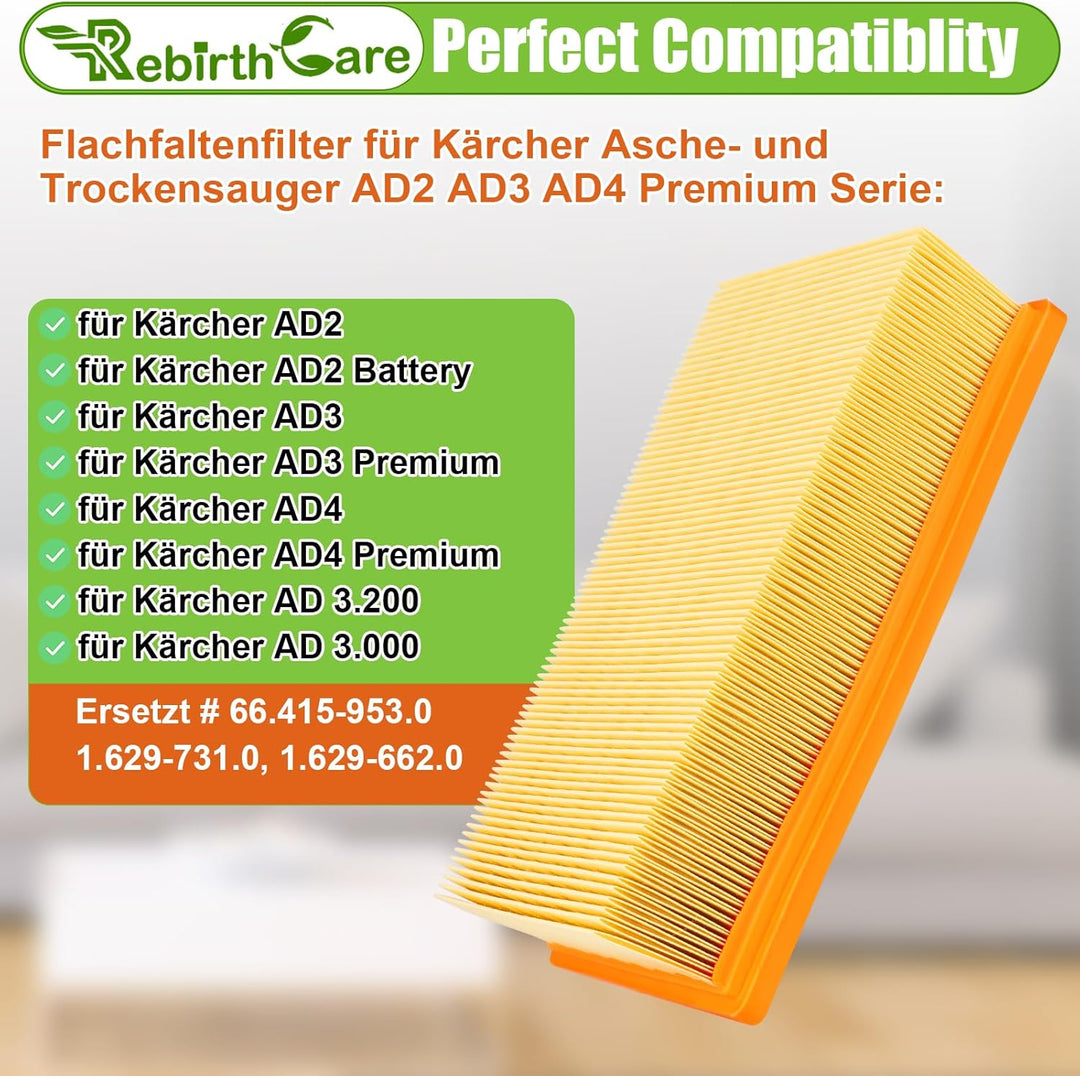 Rebirthcare 2 Stück KFI 7420 Flachfaltenfilter für Kärcher AD2, AD2 Battery, AD4 Premium, AD3 Premiu