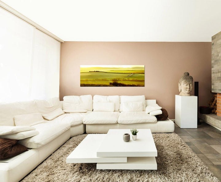 Panoramabild auf Leinwand und Keilrahmen 150x50cm Toskana Strasse Haus Landschaft Morgenlicht