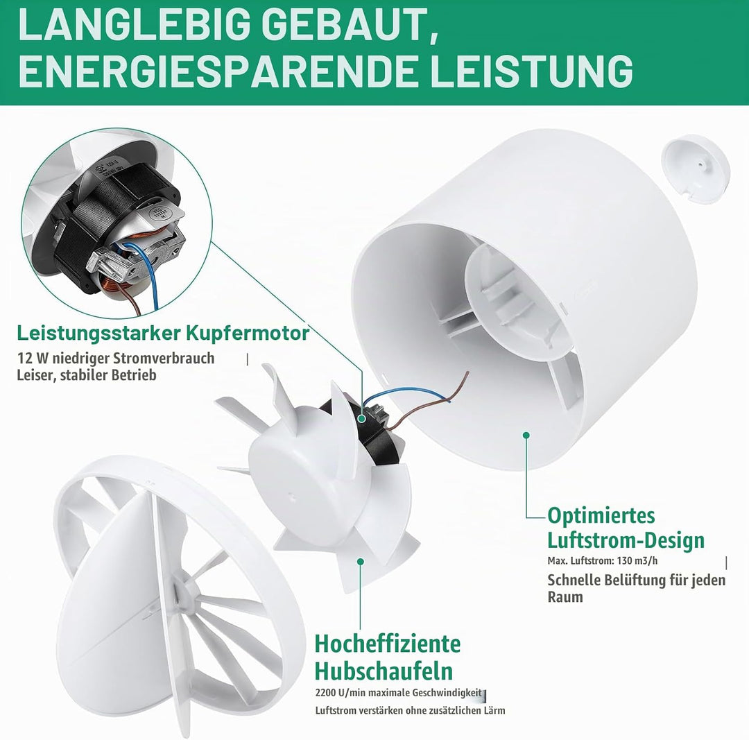 lalago Kanal Rohrventilator 100mm, Inline-Abluftventilator 34dB Leise Weiss, Rohrlüfter mit Rückstau