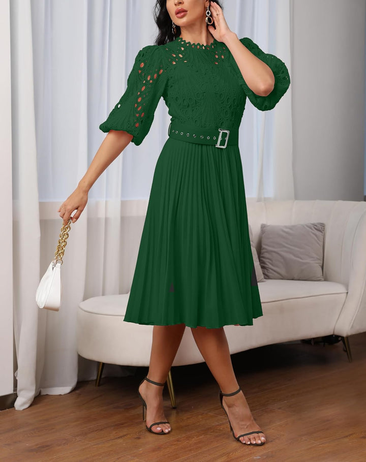 Spitzenkleid, plissiert, Puffärmel, wadenlang, kurze Ärmel, Midi-Kleid, hohles Party-Abendkleid M Gr