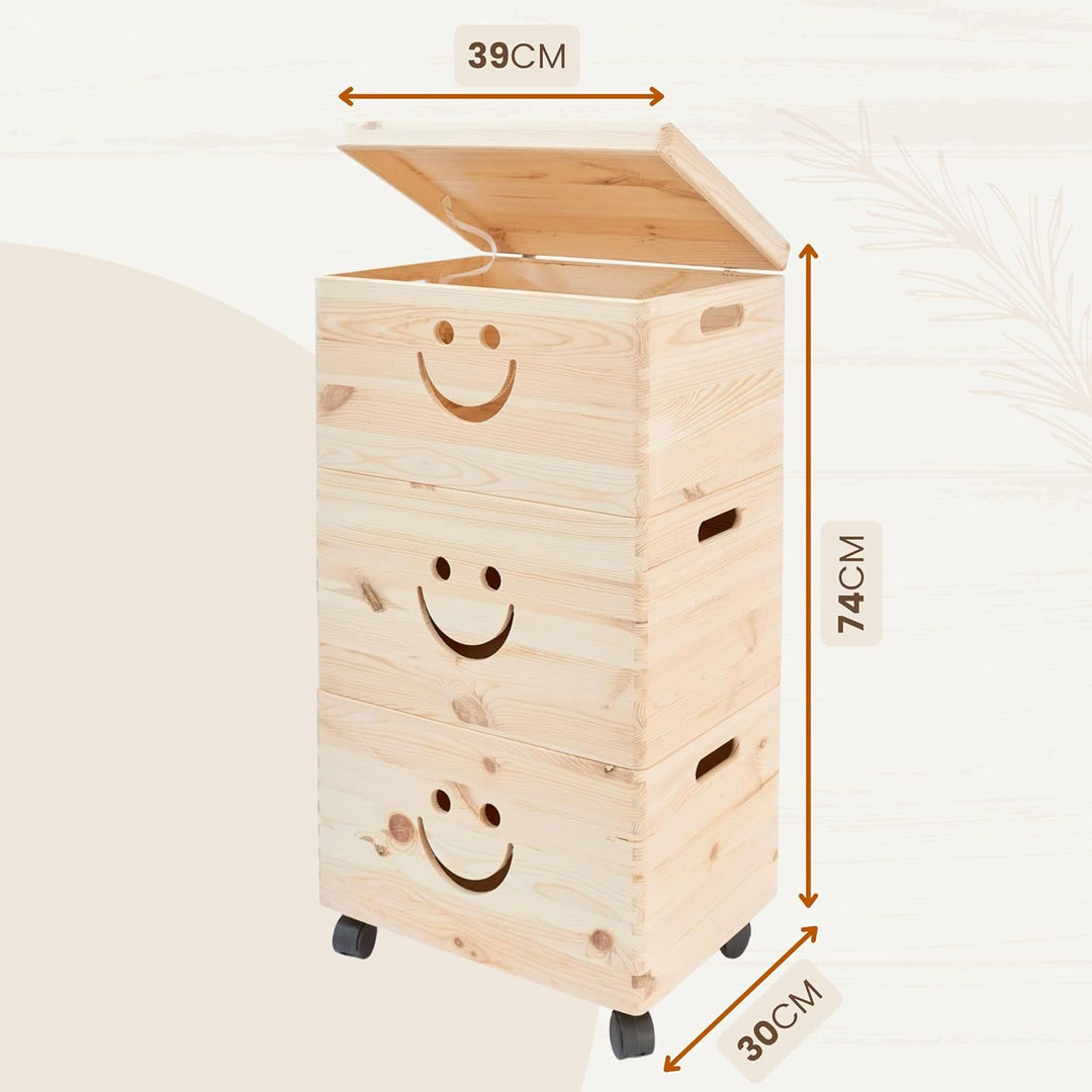 Pinus - Spielzeugkiste Holz mit Deckel 3-in-1, Spielzeug Aufbewahrung Lächeln, 39x30x74 cm, Aufbewah