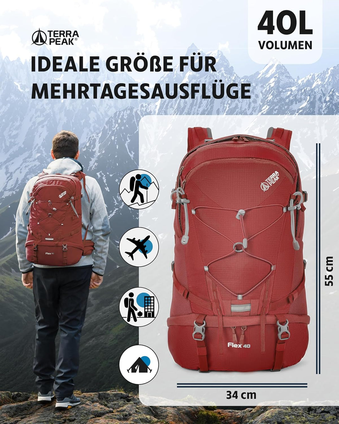 Terra Peak® Premium Wanderrucksack 40L (FLEX 40) für Damen & Herren gross mit Rückenbelüftung, Regen