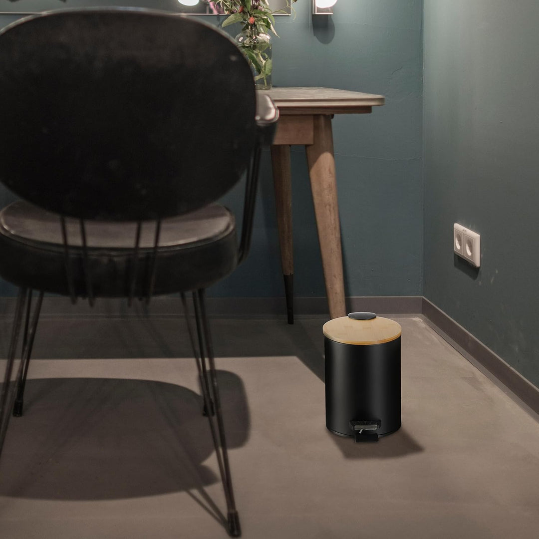 Relaxdays Mülleimer Bad, 3 l, Kosmetikeimer Absenkautomatik, Bambusdeckel, entnehmbarer Inneneimer,