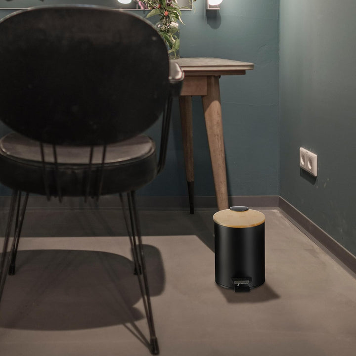 Relaxdays Mülleimer Bad, 3 l, Kosmetikeimer Absenkautomatik, Bambusdeckel, entnehmbarer Inneneimer,