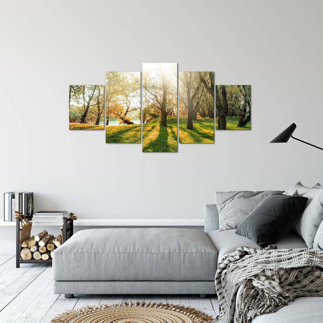 Runa Art Bild Schlafzimmer Wohnzimmer Wald Landschaft 5 Teilig Sonne Grün Wandbilder auf Vlies Leinw