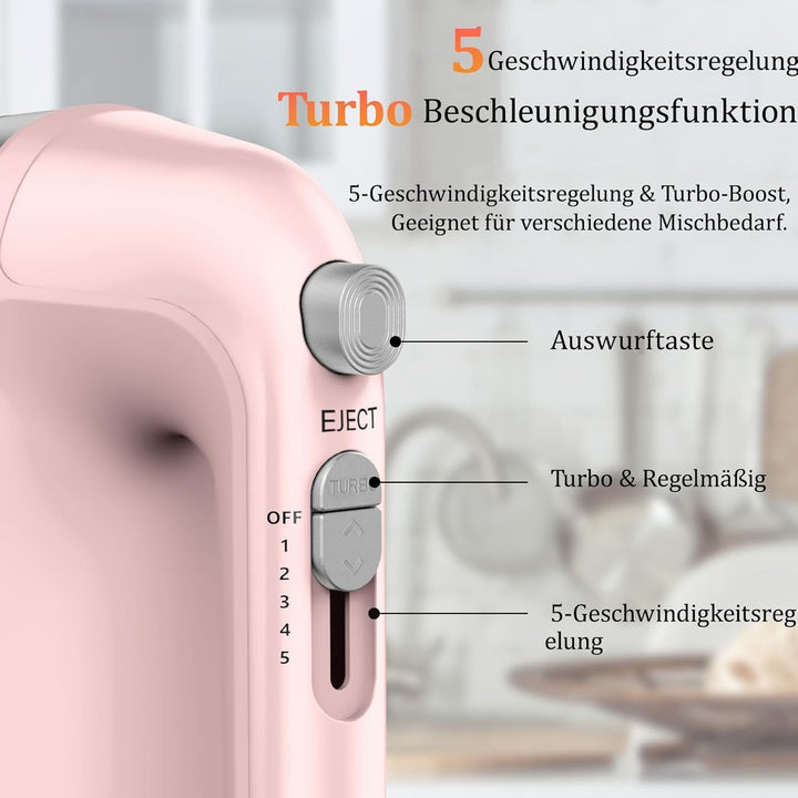 450W Elektro-Handmixer, 5-Gang-Handmixer mit Messbecher-aufbewahrung, 5 Edelstahl-Zubehör, Turbo-Boo