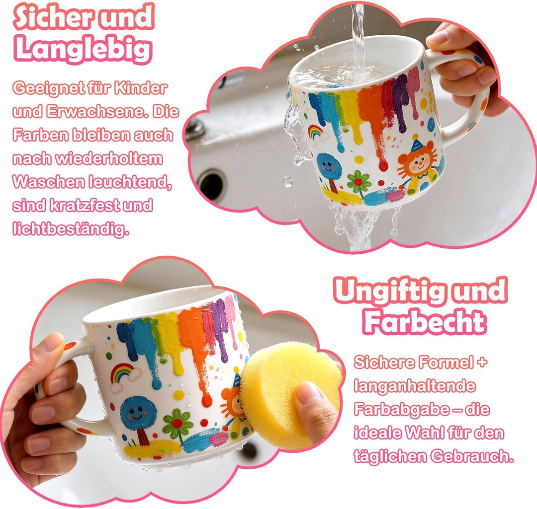 Keramik Bemalen Set für Erwachsene, Tassenmalset zum Selbermachen für Anfänger mit 2 Tassen, Pinsel,