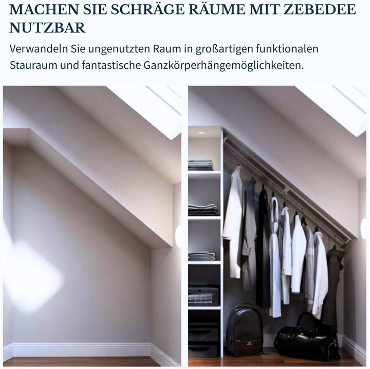Zebedee Any Angle – Geneigte Kleiderstange für schräge Schlafzimmerschränke im Dachgeschoss, unter D