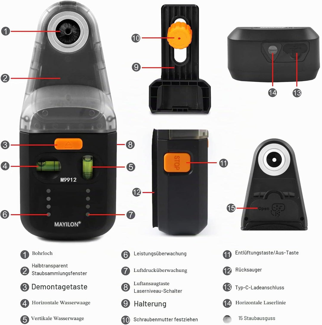 M9912 Staubabsaugung Absaughaube für Schlagbohrmaschine mit Laserebene, Elektrischer Bohrstaubsammle