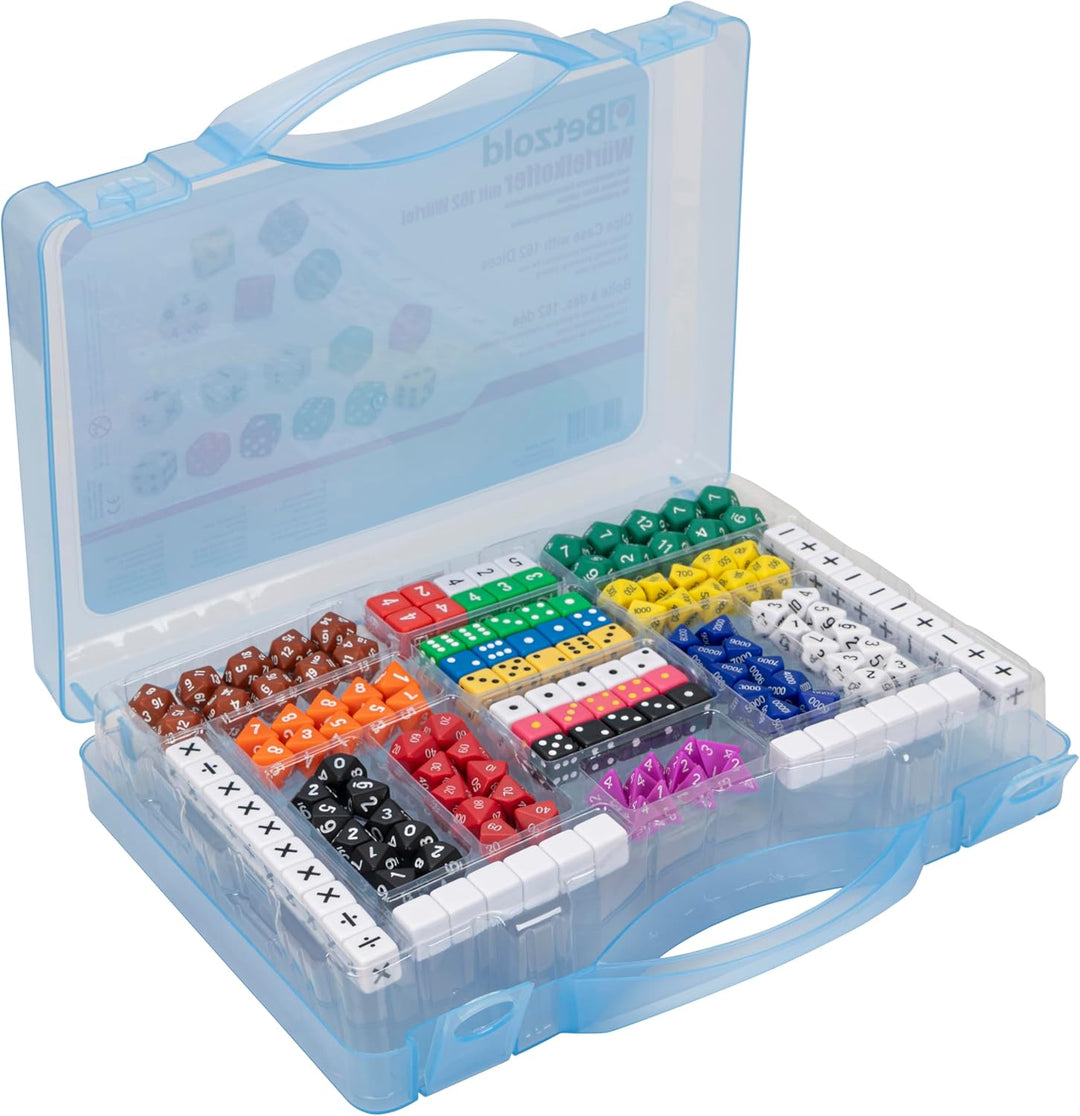 Betzold 82054 - Würfelkoffer mit 162 Würfeln - Würfel-Set Spielwürfel Zahlenwürfel Schule Nocolor, N