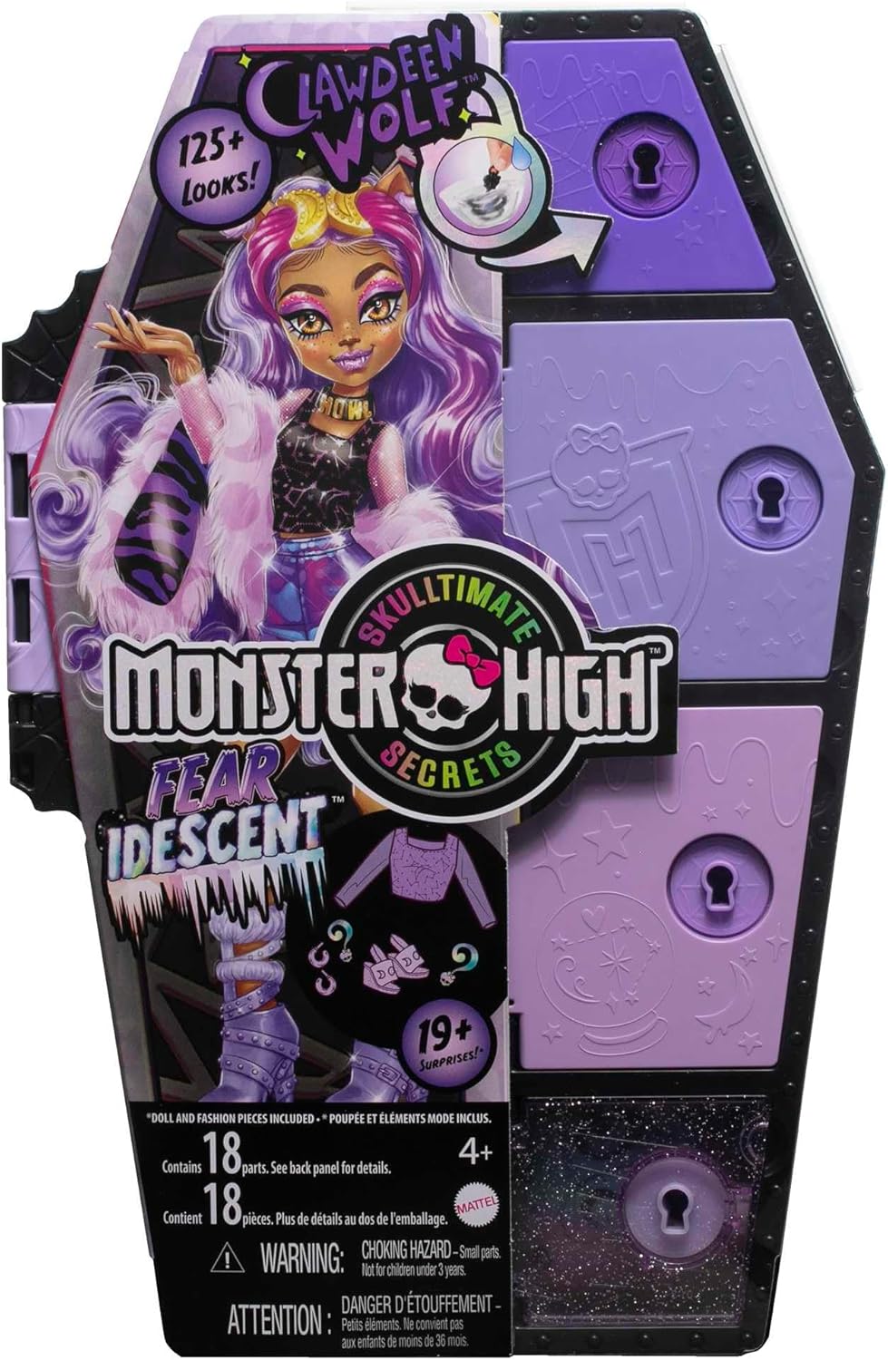 Monster High-Puppe und Outfits, Clawdeen Wolf, Skulltimate Secrets: Fearidescent-Serie, Spind mit üb