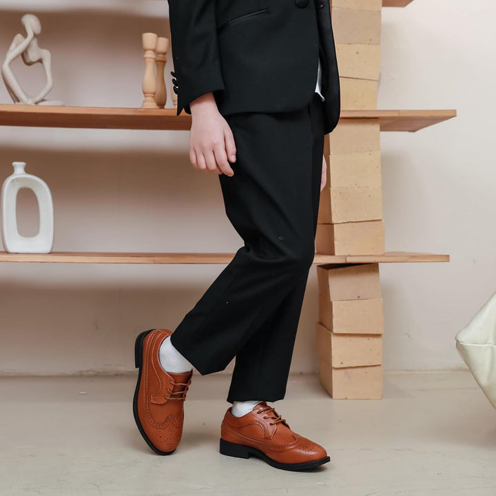 PPXID Jungen Schnürhalbschuhe Schule Oxfords Uniform Hochzeit Anzugschuhe 27 EU Braun B, 27 EU Braun