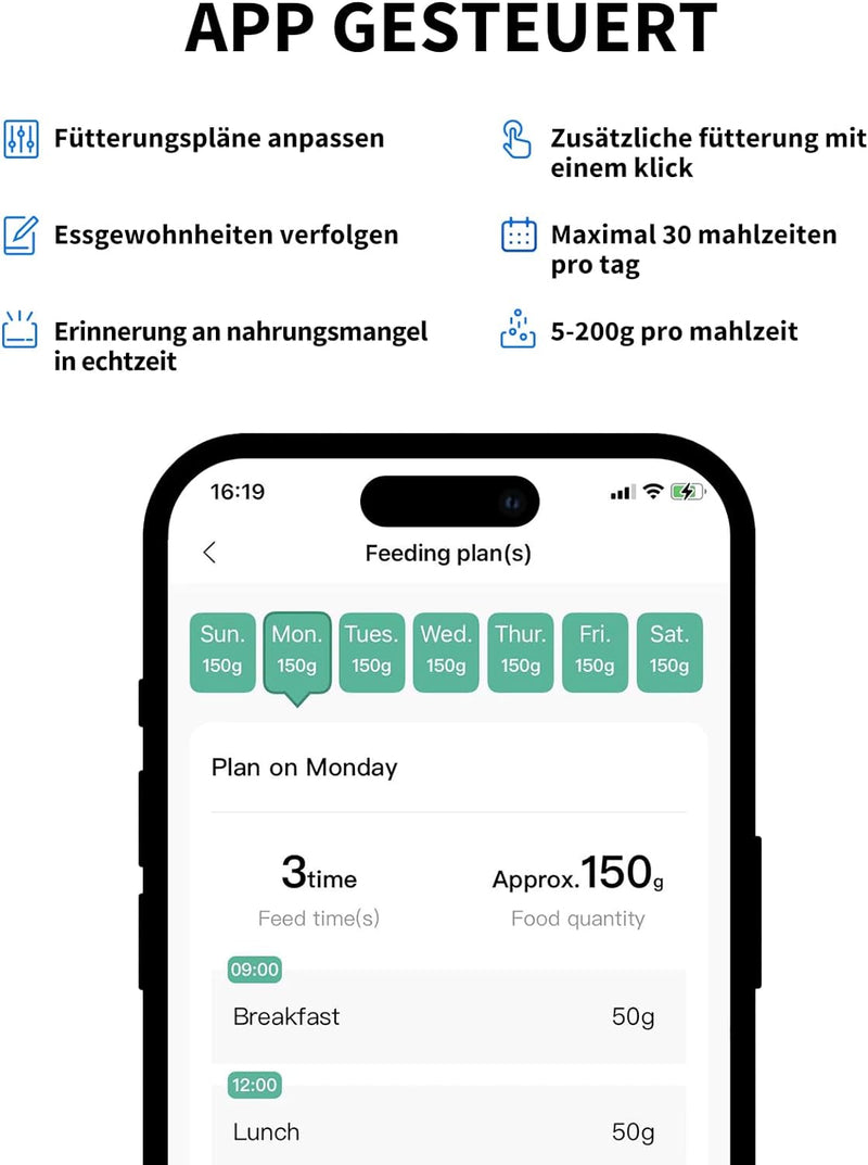 PETKIT Automatischer Hunde Katzen Futterautomat, Auto-Rotate Bowl, Programmierbare Portionskontrolle