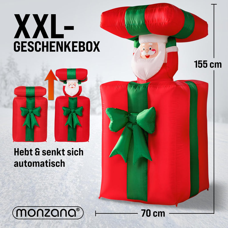 MONZANA® Aufblasbarer Weihnachtsmann 152cm Springt-aus-der-Box LED Beleuchtet IP44 Aussen Weihnachte