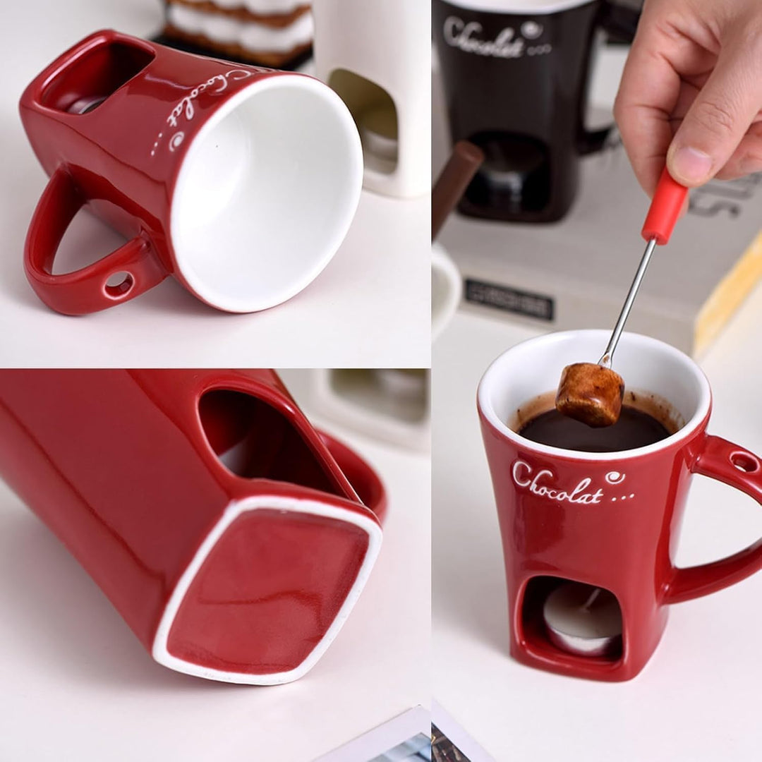Generisch Schokofondue Tasse mit Gabel und Kerze, Tasse zum Schokolade Schmelzen, Keramik Schokolade