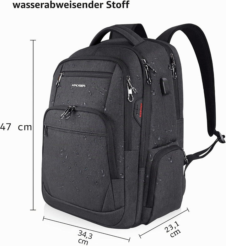 KROSER Laptop Rucksack 17,3'' Business Rucksack Schulrucksack Grosser Wasserdicht Taschen Reise Back